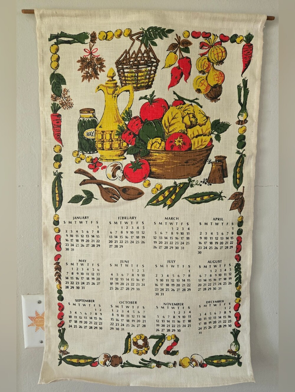 Vintage 1972 Calendar Linen Tea Towel w/ Rod to Hang Kitchen Veggies Theme